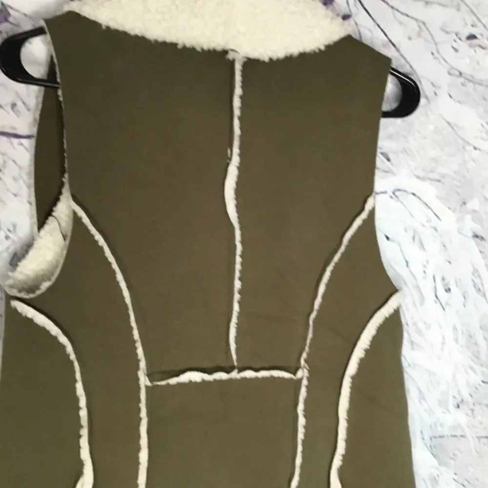 Indigo Soul Women's Draped Sherpa Cozy Suede/Fur Olive Winter‎ Vest Size S